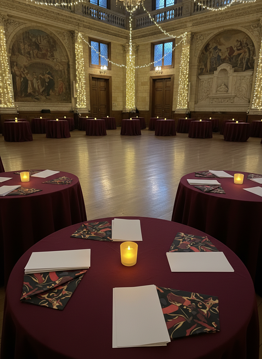 An evening milonga setting in a historic Besançon hall, captured without people: circular tables draped in deep burgundy cloths surround a generous, perfectly polished wooden dance floor. On each table, a small battery-powered candle glows inside a frosted glass holder, next to programs and fan-shaped folded napkins with abstract tango-inspired patterns, all without text. Subtle string lights trace the high ceiling and columns, giving a golden hour ambience indoors. Photographic realism from a slightly elevated corner angle, with the dance floor in the center using rule-of-thirds composition, conveying an elegant, festive and romantic atmosphere ideal for Argentine tango social events.