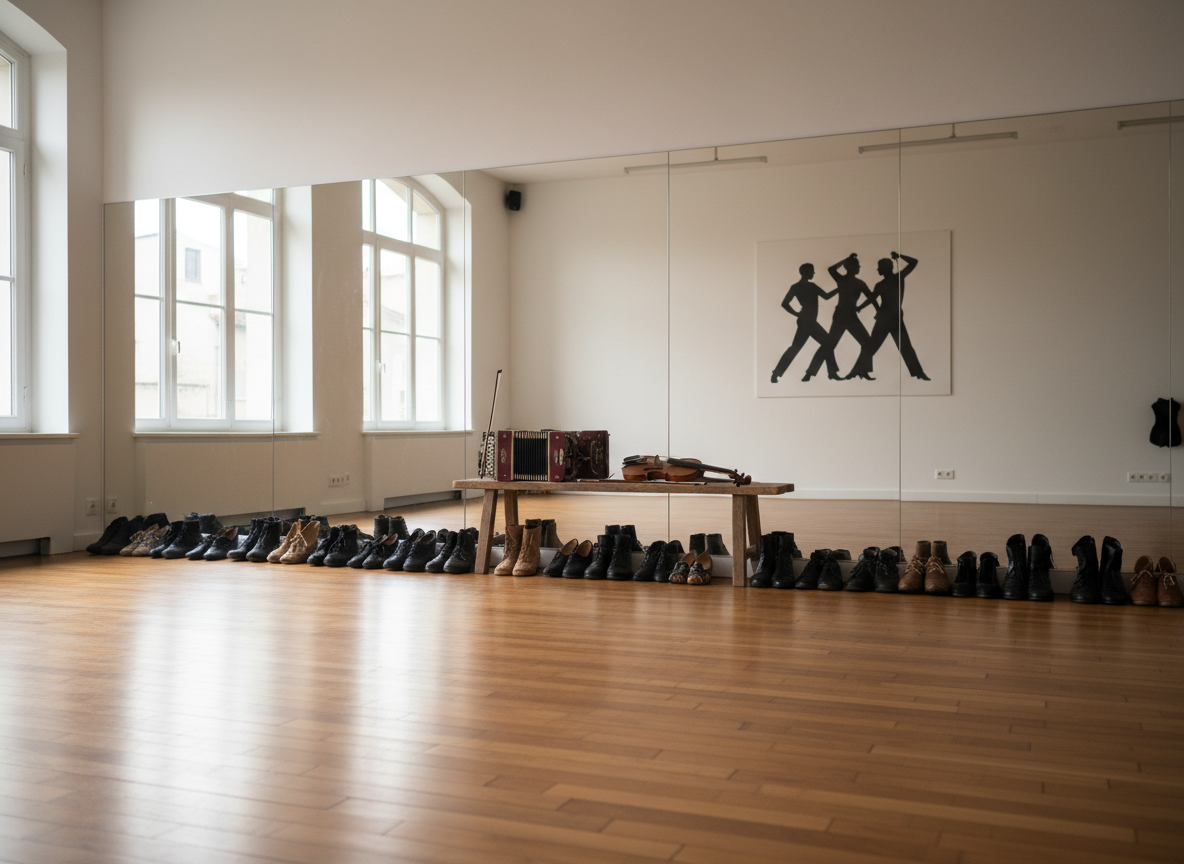 A serene tango practice studio in Besançon with a wide mirrored wall reflecting the empty dance floor, carefully lined with multiple pairs of resting tango shoes and a few instruments like a bandoneon and violin placed on a wooden bench. On the opposite wall, a minimalist graphic poster of tango silhouettes (no text) adds a contemporary touch. Soft, diffused afternoon light enters through large windows, highlighting the smooth grain of the parquet and creating gentle reflections in the mirror. Photographic realism, eye-level composition with deep focus, conveying a calm, professional environment dedicated to regular tango practice sessions and member development.
