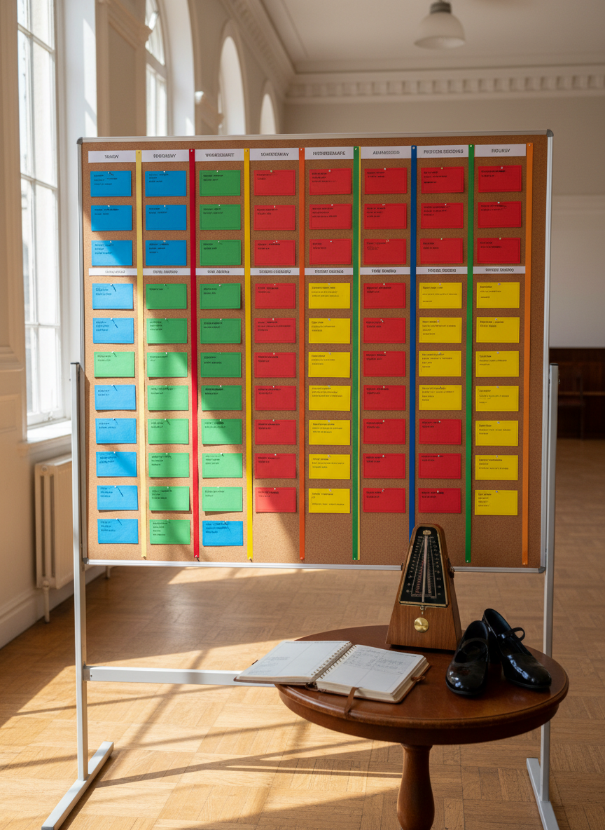 An organized tango course schedule displayed on a large, freestanding cork notice board in a bright community hall, with neatly pinned colored cards representing different levels and practice sessions, rendered without any readable text. Below the board, an open leather-bound planner lies on a small round wooden table, next to a classic metronome and a folded pair of tango shoes. Daylight pours in from tall windows on the side, illuminating the polished parquet floor and casting soft, natural shadows. Photographic realism, slightly elevated angle, sharp focus throughout, creating a professional, structured impression of well-organized tango courses and weekly practices.