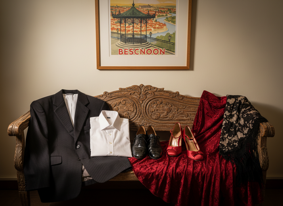 A close-up, cinematic view of two carefully arranged tango outfits laid flat on a vintage wooden bench in a dressing area: a dark tailored jacket with subtle pinstripes, a neatly folded white shirt, and polished black dance shoes on one side; on the other, a flowing deep red skirt with intricate fabric texture, matching dance shoes, and a delicate lace shawl. Behind them, a classic French kiosk illustration (no text) is framed on the wall, referencing Besançon. Warm, directional side lighting from an unseen lamp creates rich shadows and highlights every texture. Photographic realism, slightly overhead angle, shallow depth of field, evoking anticipation for a formal milonga evening hosted by the association.