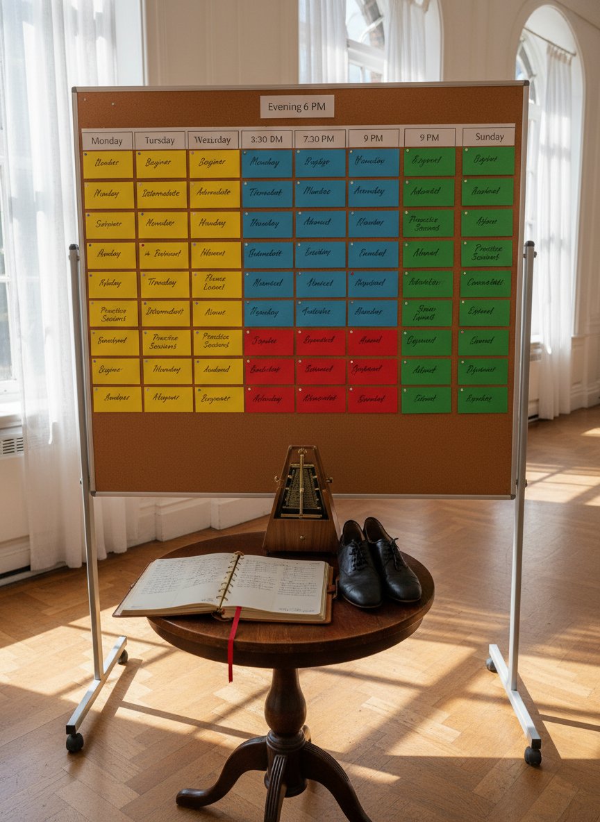 An organized tango course schedule displayed on a large, freestanding cork notice board in a bright community hall, with neatly pinned colored cards representing different levels and practice sessions, rendered without any readable text. Below the board, an open leather-bound planner lies on a small round wooden table, next to a classic metronome and a folded pair of tango shoes. Daylight pours in from tall windows on the side, illuminating the polished parquet floor and casting soft, natural shadows. Photographic realism, slightly elevated angle, sharp focus throughout, creating a professional, structured impression of well-organized tango courses and weekly practices.