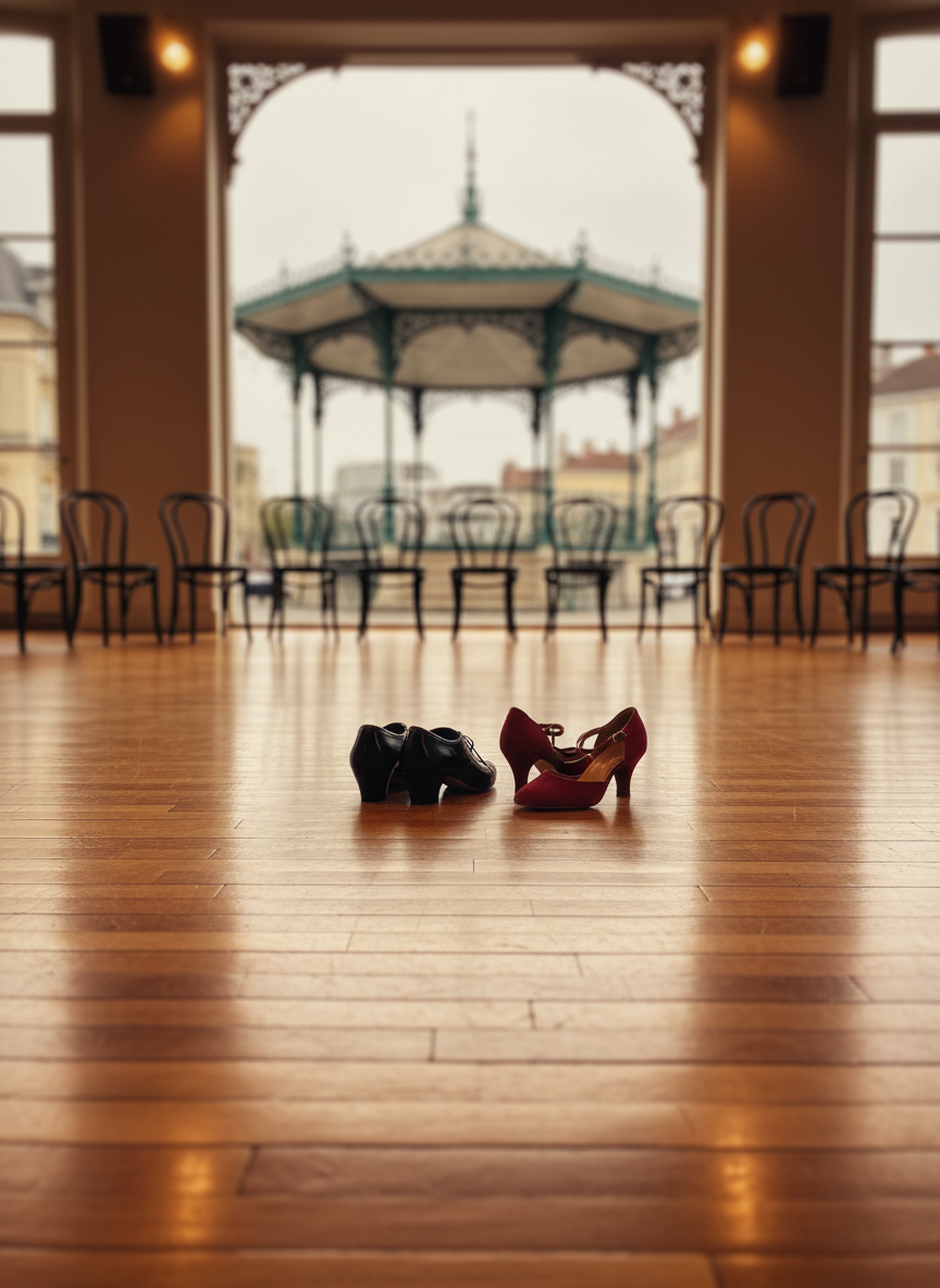 A polished hardwood tango dance floor fills the foreground, its warm honey tones gleaming under soft overhead spotlights, with two pairs of elegantly placed tango shoes—one black leather, one deep red suede—resting close together at center. Around the floor, simple black metal chairs are neatly arranged in a semicircle, hinting at an upcoming class or milonga. In the background, a classic French-style bandstand kiosk from Besançon is visible through large windows, softly blurred. The lighting is warm and inviting, creating gentle reflections on the floor. Photographic realism, eye-level composition with shallow depth of field, emphasizing a professional yet welcoming atmosphere for Argentine tango enthusiasts.