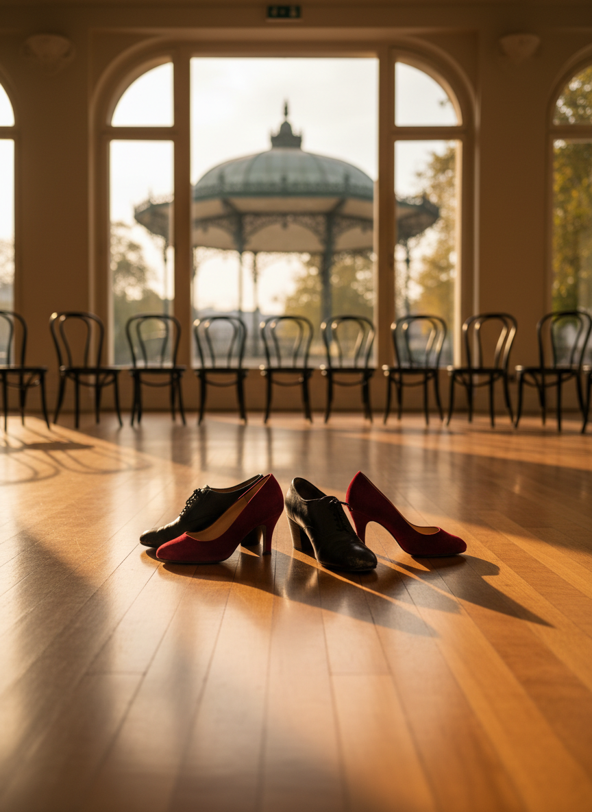 A polished hardwood tango dance floor fills the foreground, its warm honey tones gleaming under soft overhead spotlights, with two pairs of elegantly placed tango shoes—one black leather, one deep red suede—resting close together at center. Around the floor, simple black metal chairs are neatly arranged in a semicircle, hinting at an upcoming class or milonga. In the background, a classic French-style bandstand kiosk from Besançon is visible through large windows, softly blurred. The lighting is warm and inviting, creating gentle reflections on the floor. Photographic realism, eye-level composition with shallow depth of field, emphasizing a professional yet welcoming atmosphere for Argentine tango enthusiasts.
