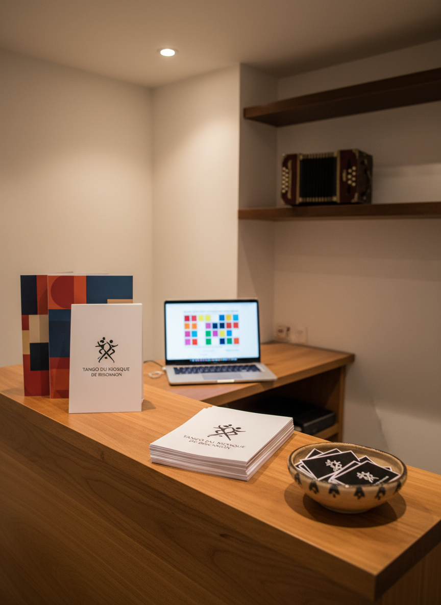 A welcoming membership information corner in a tango association’s venue, showing a tidy wooden reception desk with a stack of elegantly designed membership forms and brochures turned so no text is legible, next to a small bowl of membership cards with a simple abstract tango logo. A laptop screen in the background displays a colorful but unreadable calendar grid, hinting at courses and events. A bandoneon rests open on a side shelf, adding cultural authenticity. Soft, warm ceiling lights create a professional yet friendly glow. Photographic realism, eye-level, with balanced composition and moderate depth of field, emphasizing the structured, organized nature of joining the Tango du Kiosque de Besançon community.